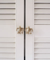 Twee witte louvre kastdeurtjes met deurknopjes in de vorm van een messing schildpad