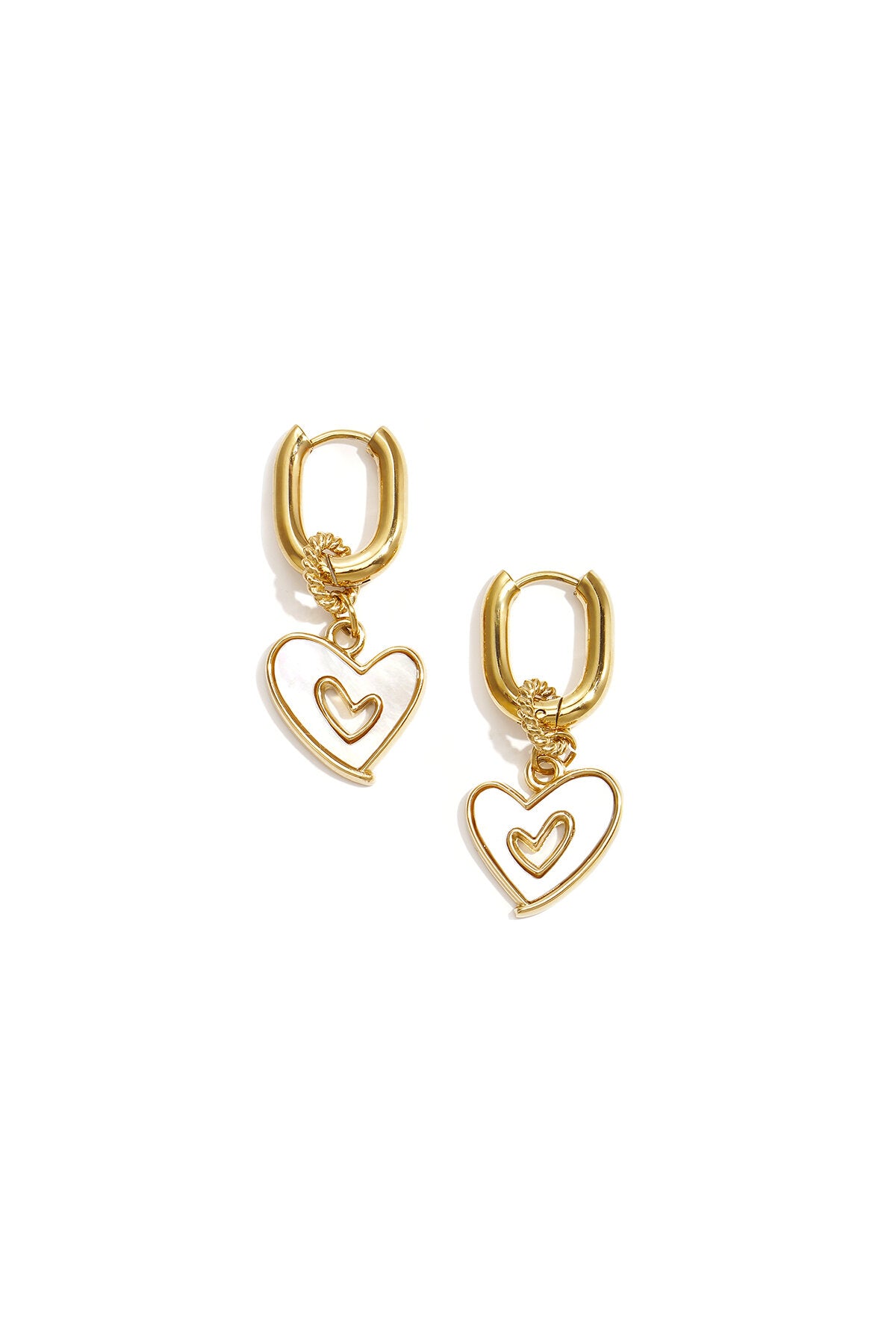 Squoval earrings with dangling mother-of-pearl hearts