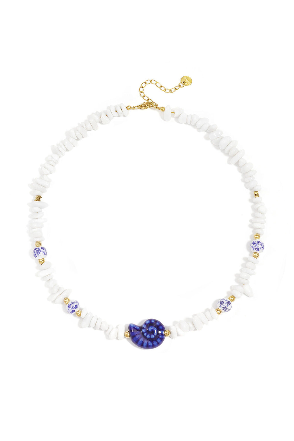 Necklace with stone beads, white beads with blue flowers and statement shell