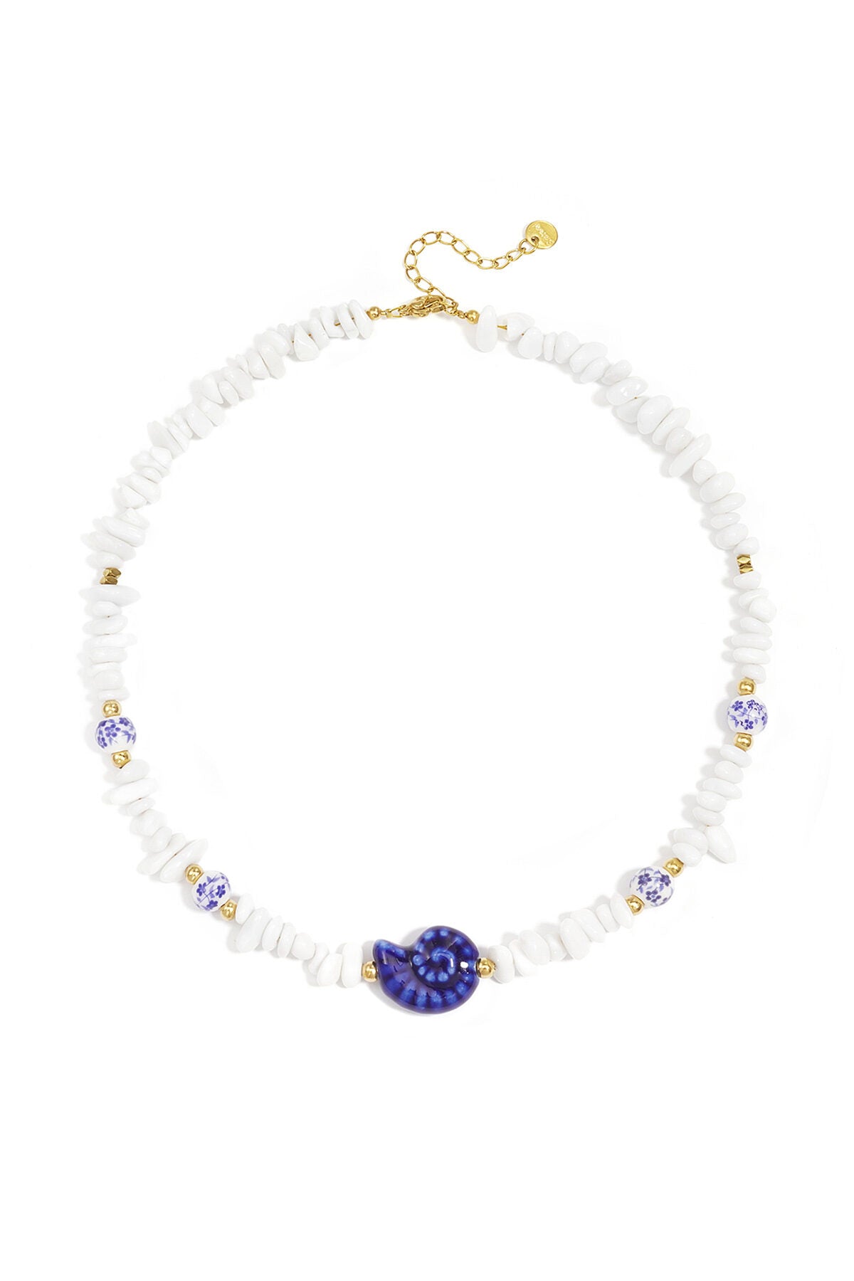 Necklace with stone beads, white beads with blue flowers and statement shell