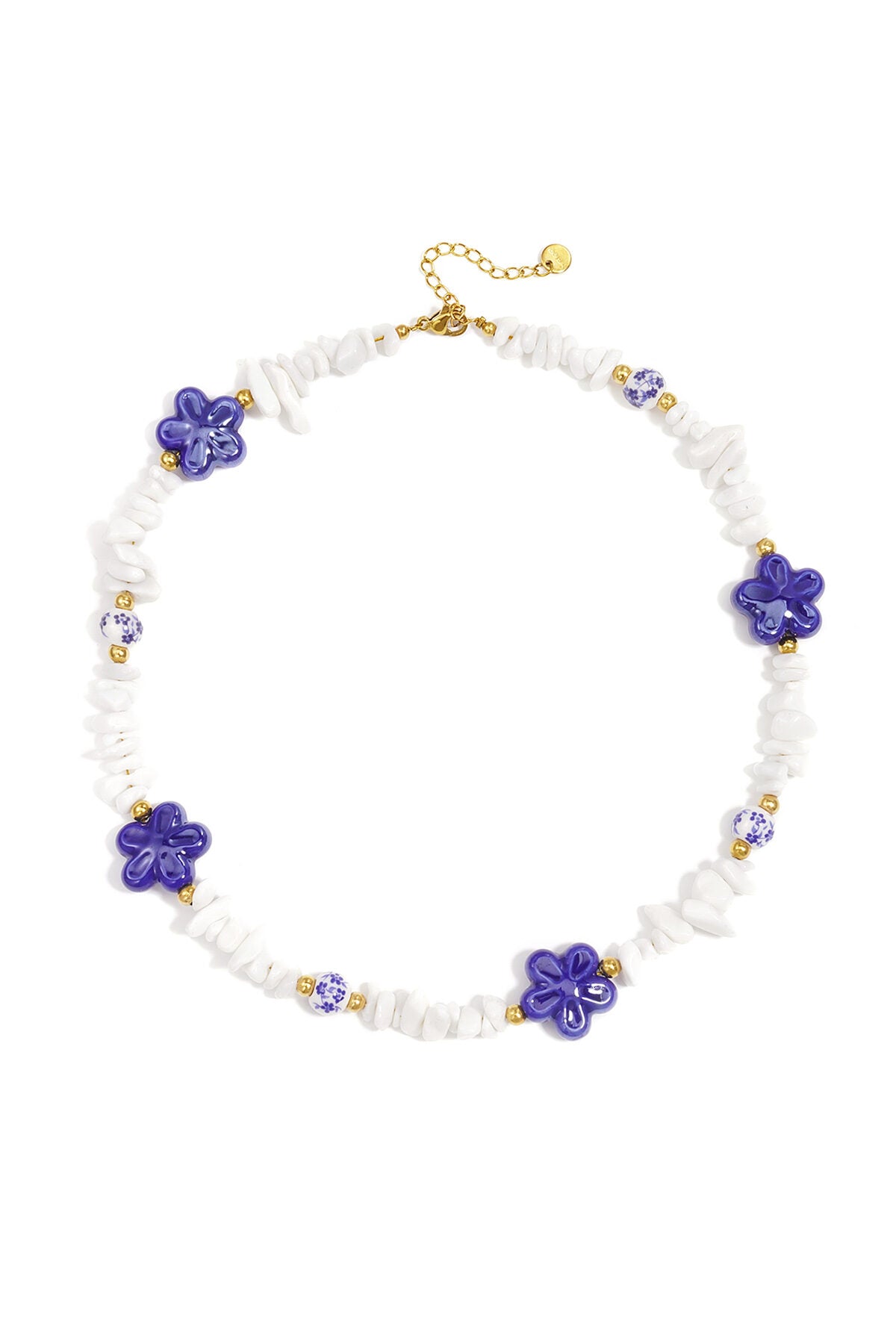 Necklace with stone beads, white beads with blue flowers and statement flowers