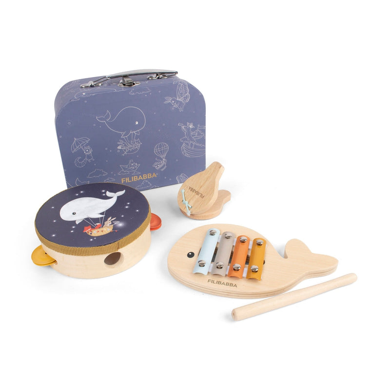 Houten muziekinstrumenten set voor kinderen met xylofoon, tamboerijn en castagnet in koffertje