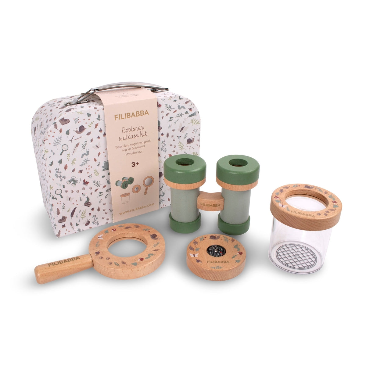 Koffertje met houten ontdekkingsset voor kinderen. De set bestaat uit een verrekijker, vergrootglas, kompas en insectenpotje.