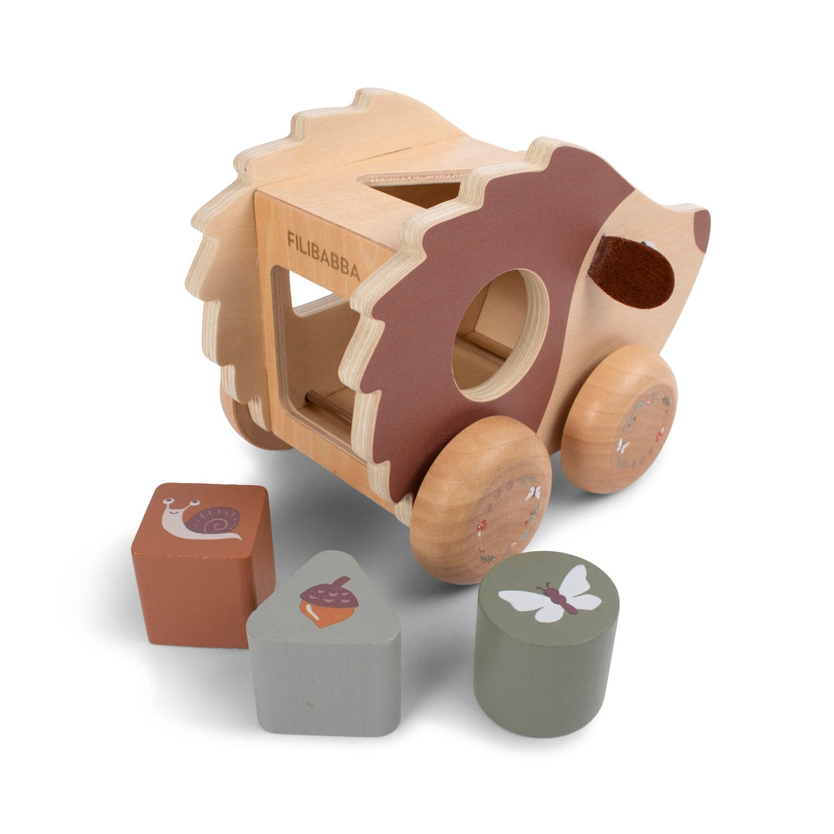 Houten egel met trekkoord en vormenstoof in een Scandinavische uitstraling, voor kinderen vanaf 1 jaar.