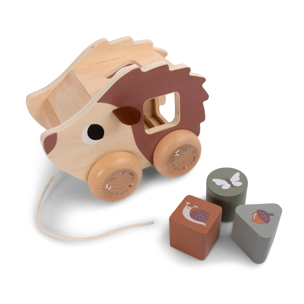 Houten trekdier in de vorm van een egel met vormenstoof en houten blokken voor baby's vanaf 12 maanden.