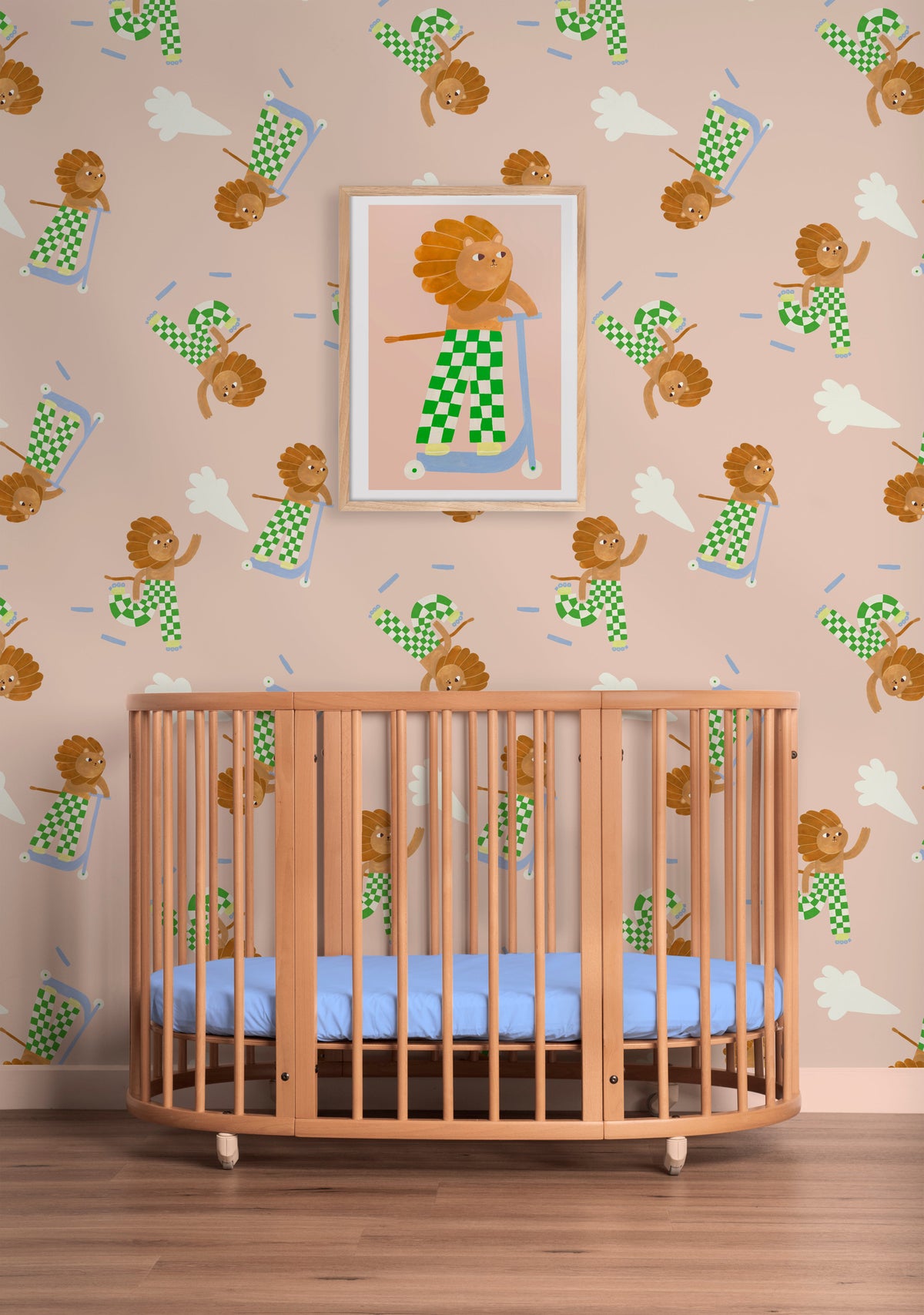 Behang | Skating lion | 100 x 270 cm | Roze & groen