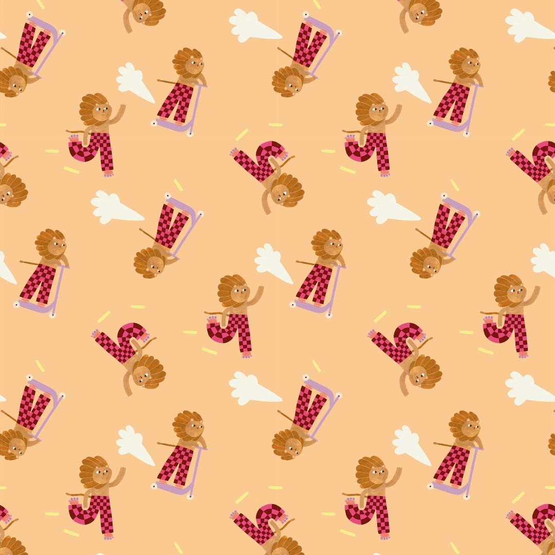 Behang | Skating lion | 100 x 320 cm | Peach & pink