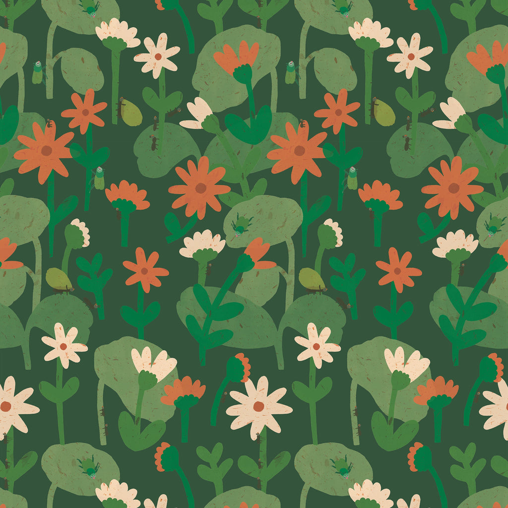Behang | Blooming daisies | 100 x 270 cm | Forest green