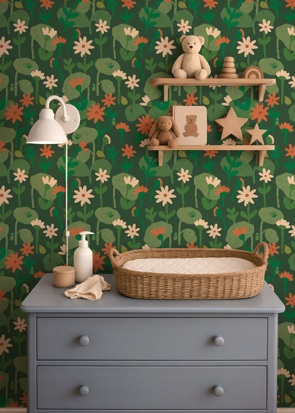 Behang | Blooming daisies | 100 x 320 cm | Forest green