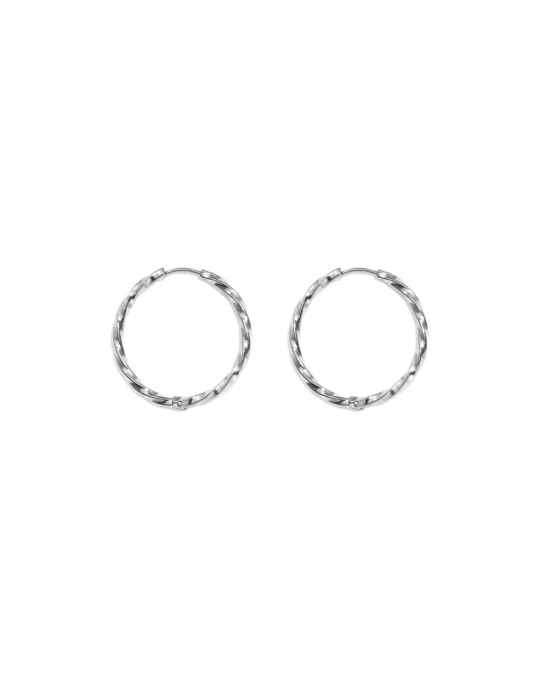 Stainles steel oorringen (doorsnee 2,5 cm) met een twist. Zilverkleur, maar ook verkrijgbaar in goud.
