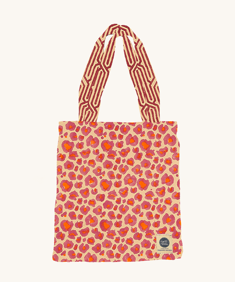 Katoenen plaid / tafelkleed in tote bag | Pink leopard