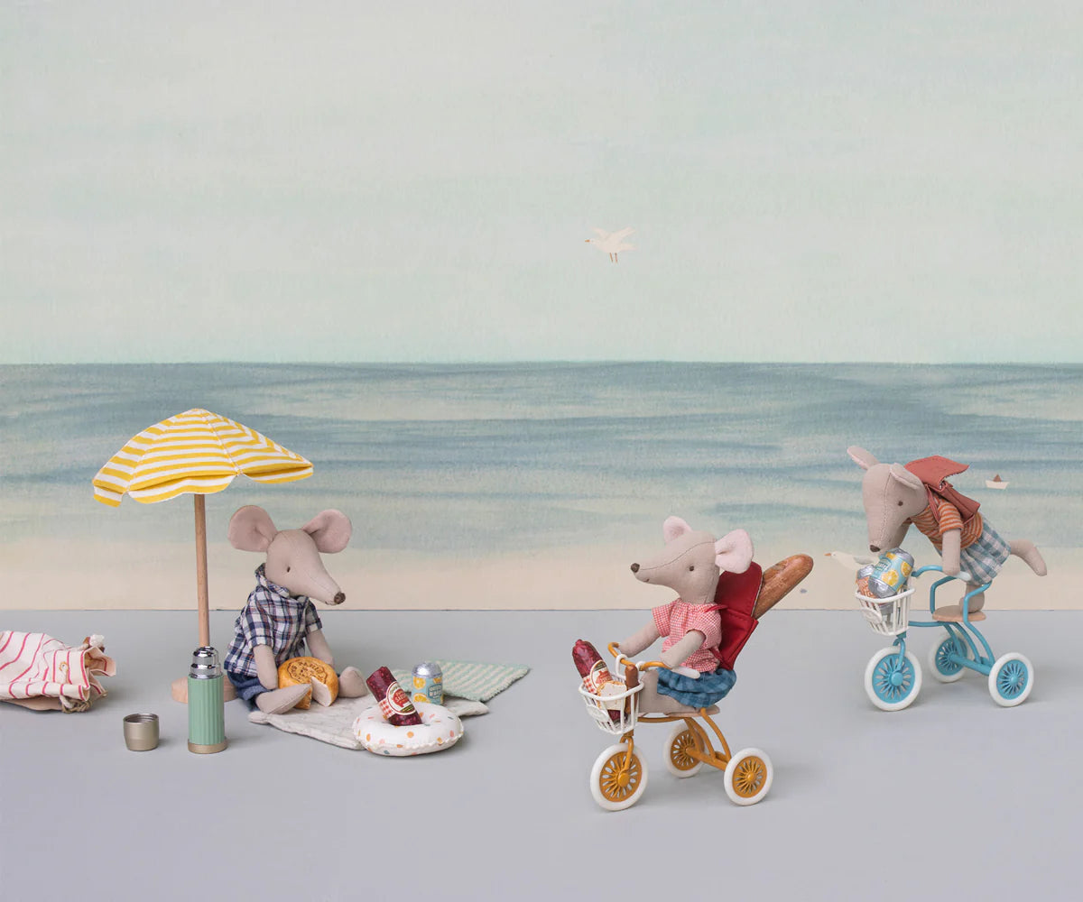 Sfeerbeeld van Maileg muizen aan het strand, met een geel en blauw driewielertje met een fietsmandje voorop. Om kleine spulletjes mee te nemen.