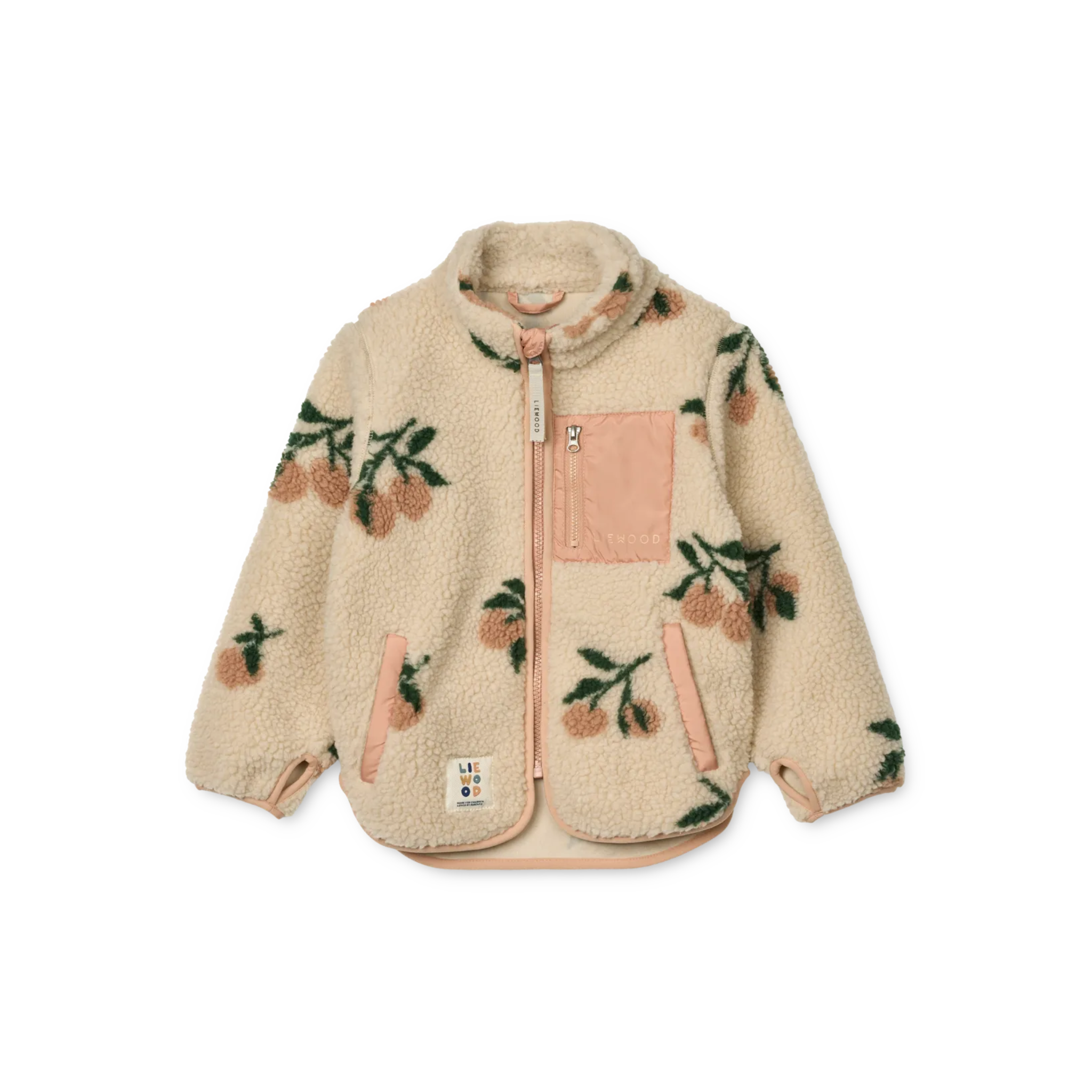 Offwhite of creme jasje met perzikkleurige accenten, met kersjes motief en een zakje op de voorkant.