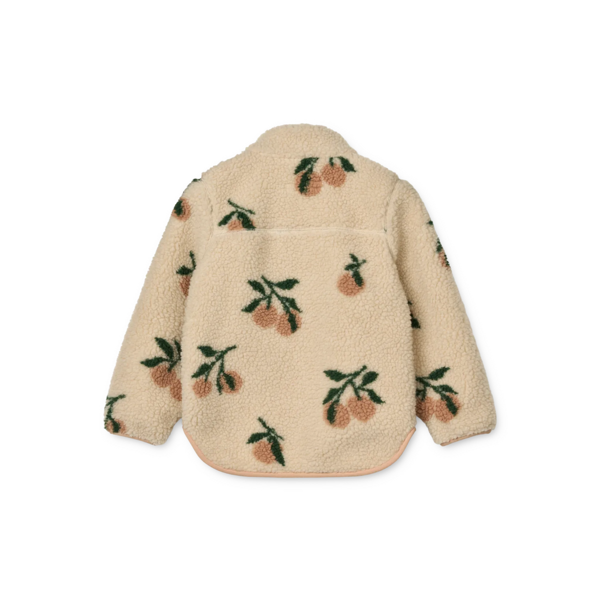 Achterkant van het Liewood jasje met kersen, in cremewit kleur en heerlijk zachte teddy