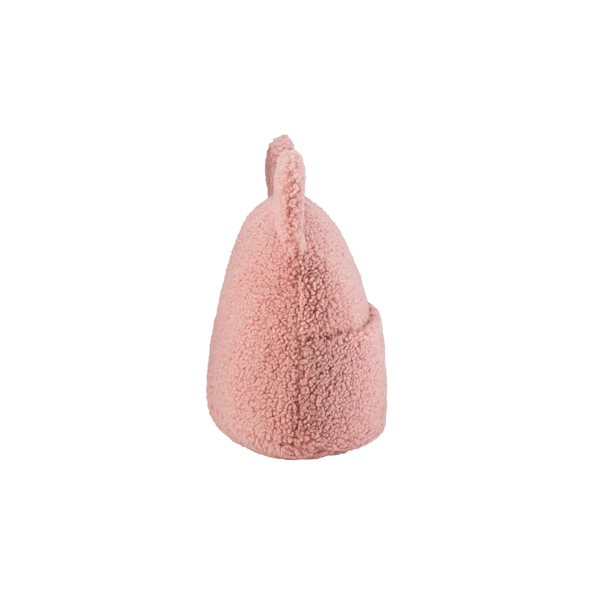 Zijkant van het Wigiwama teddy sierkussen met oortjes in guava pink – een zachtroze kleur met een speels ontwerp, inclusief handig opbergvakje aan de voorkant voor kleine schatten.