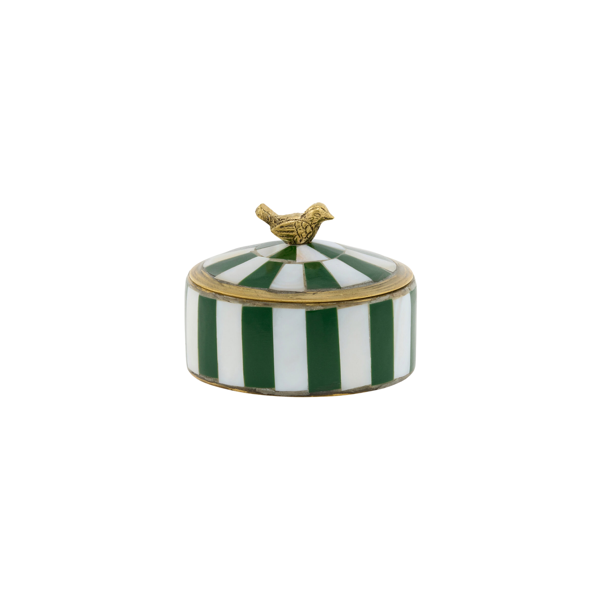 Handgemaakt opbergdoosje Lola Circus Box Pine van Doing Goods met groene strepen en messing vogeltje