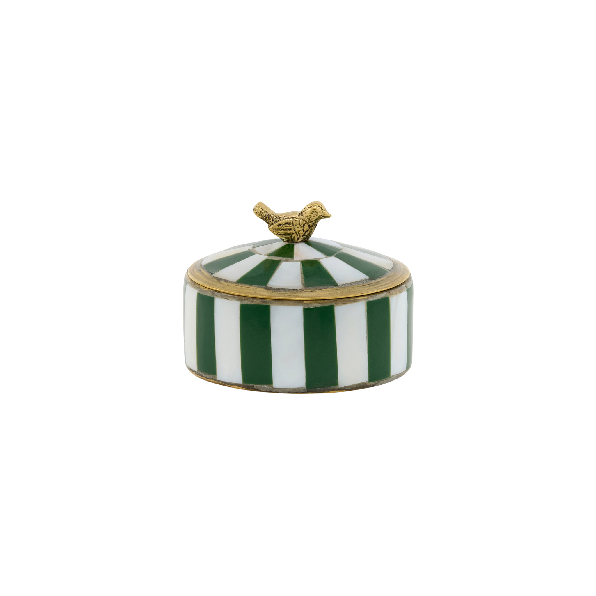 Handgemaakt opbergdoosje Lola Circus Box Pine van Doing Goods met groene strepen en messing vogeltje