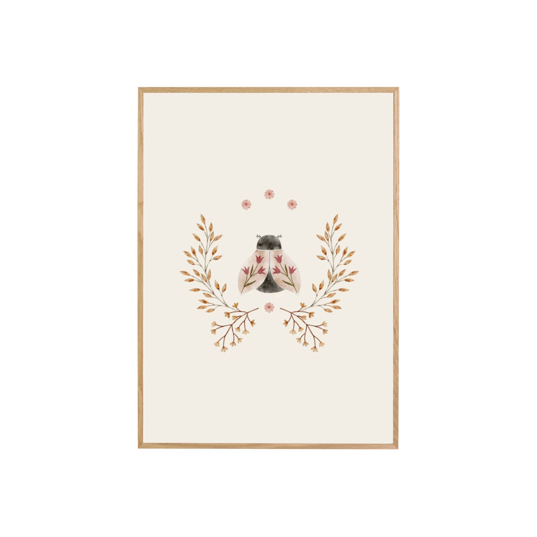Lieve poster voor de kinderkamer, met een fantasie afbeelding van een kever met daar omheen bloemen. Deze wanddecoratie is verkrijgbaar in A3 en A formaat, zonder lijst.