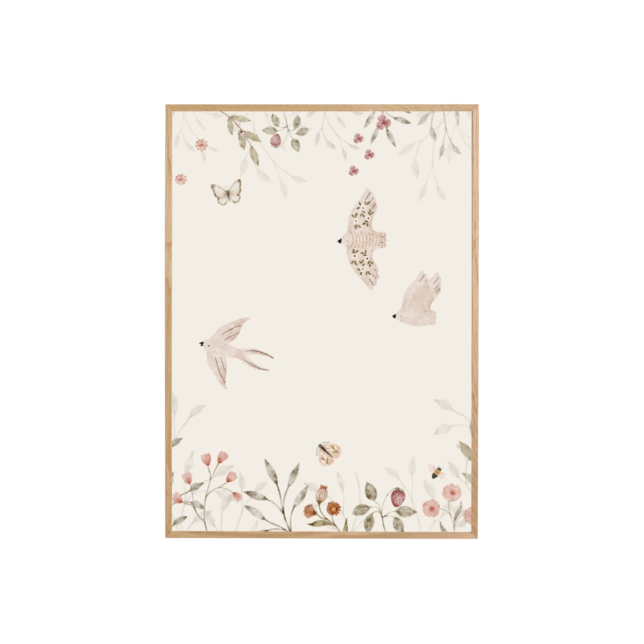 Vrolijke poster met aan de bovenkant en onderkant allemaal bloemen en bloemetjes. In het midden fantasie afbeeldingen van 3 vogels. Mooie wanddecoratie die verkrijgbaar is in A3 of A4 formaat, zonder lijst.