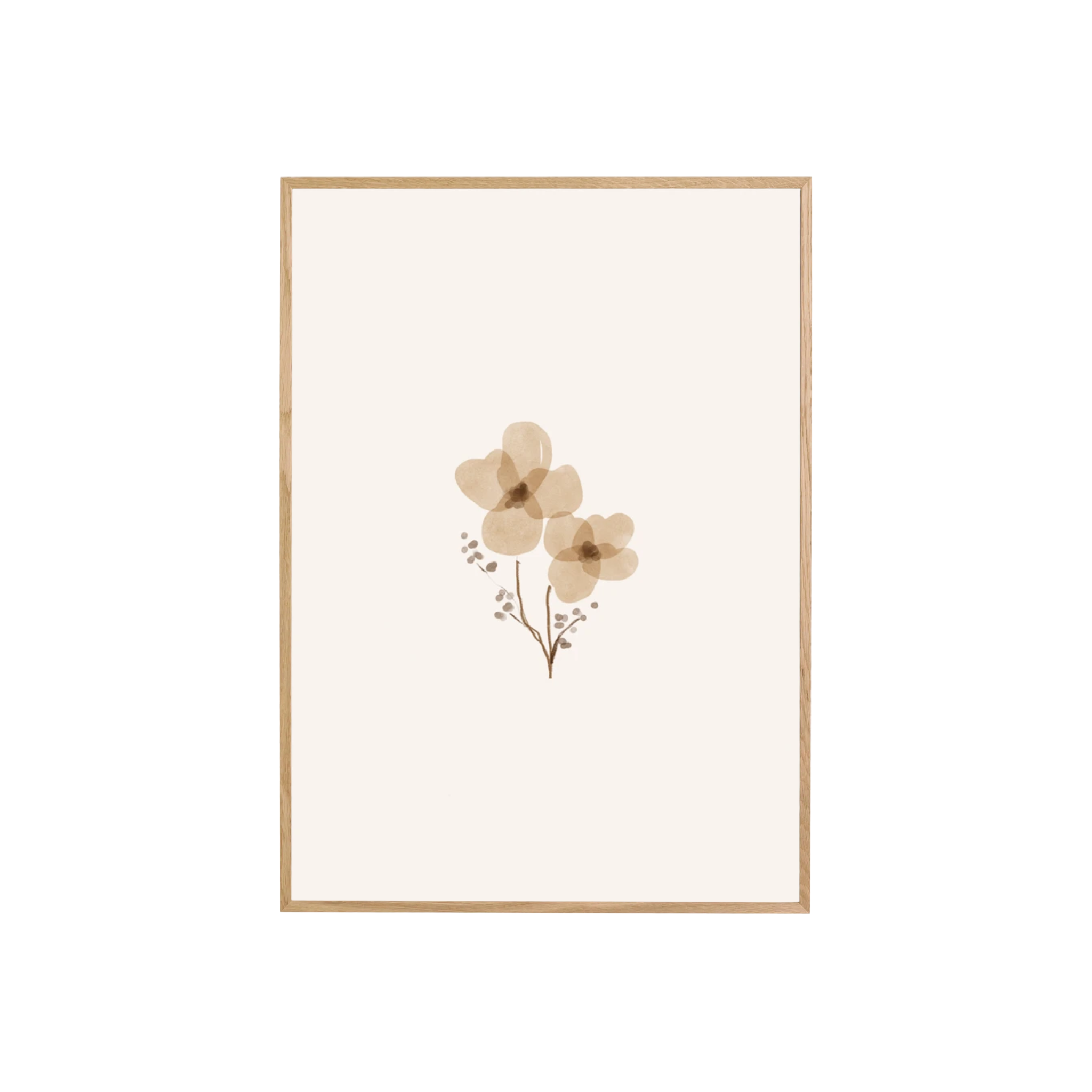 Poster met daarop 2 schattige beige bloemetjes. Heel leuk als wanddecoratie in de kinderkamer of woonkamer. Verkrijgbaar in A3 of A4 formaat, zonder lijst.