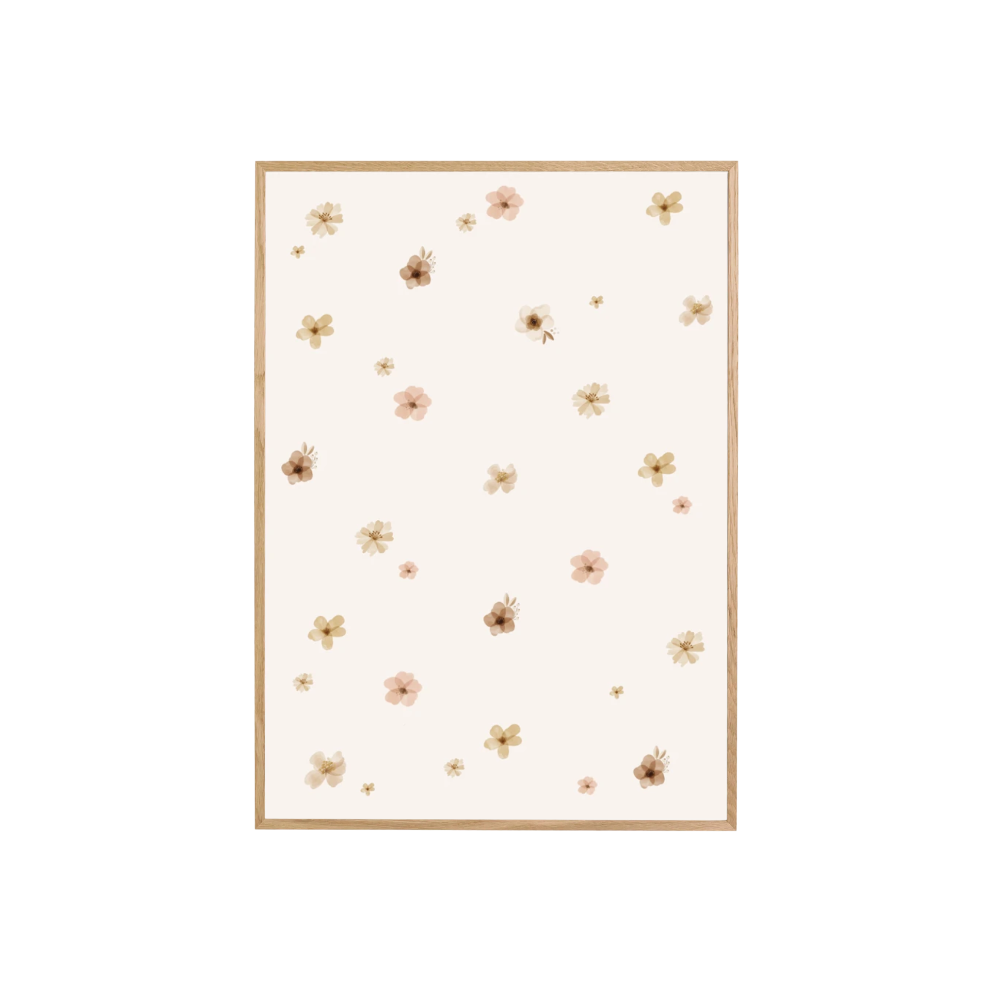 Vrolijke poster met allemaal bloemetjes in beige en bruin tinten. Geweldige wanddecoratie voor een kinderkamer of woonkamer. Verkrijgbaar in A3 of A4 formaat, zonder lijst.