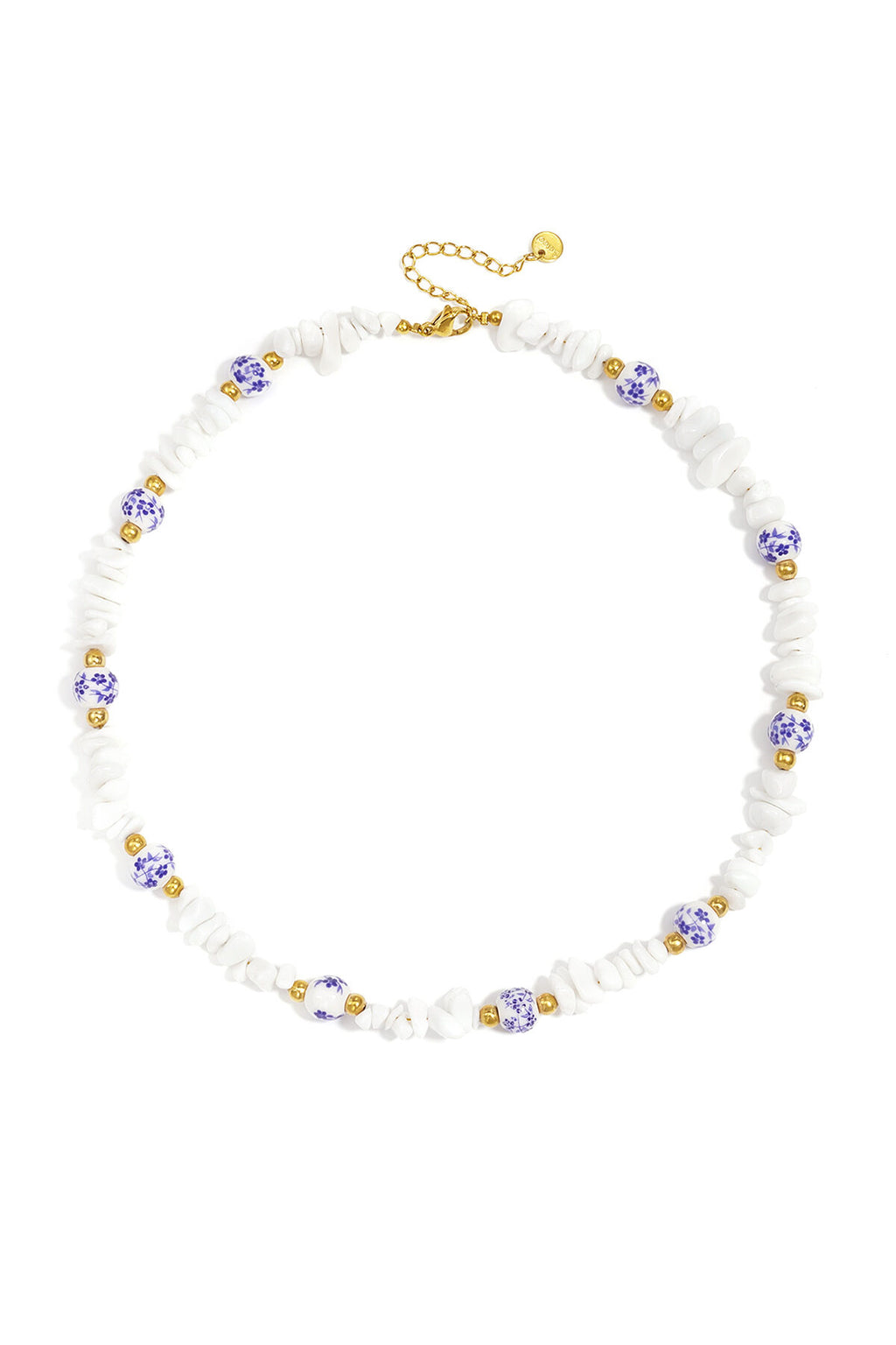Necklaces with stone beads and white beads with blue flowers