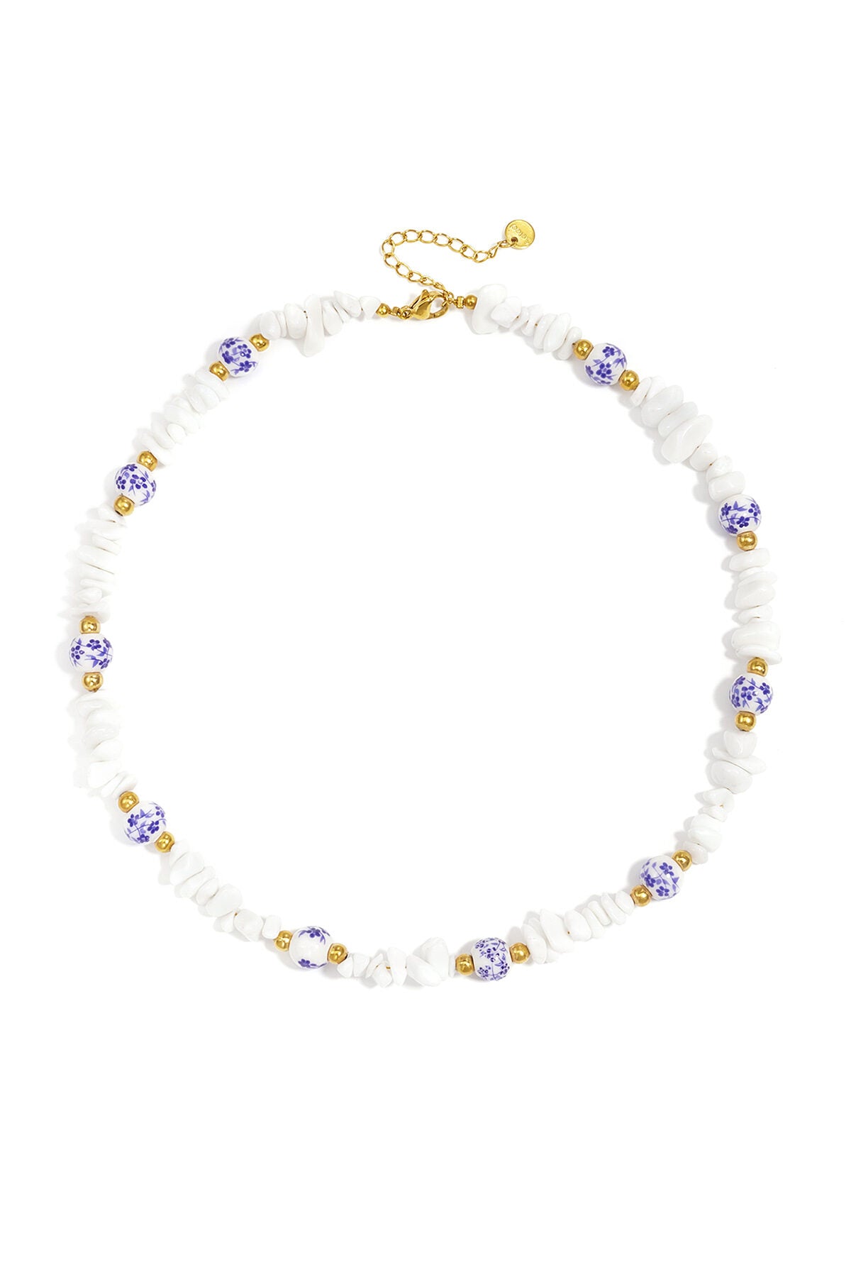 Necklaces with stone beads and white beads with blue flowers