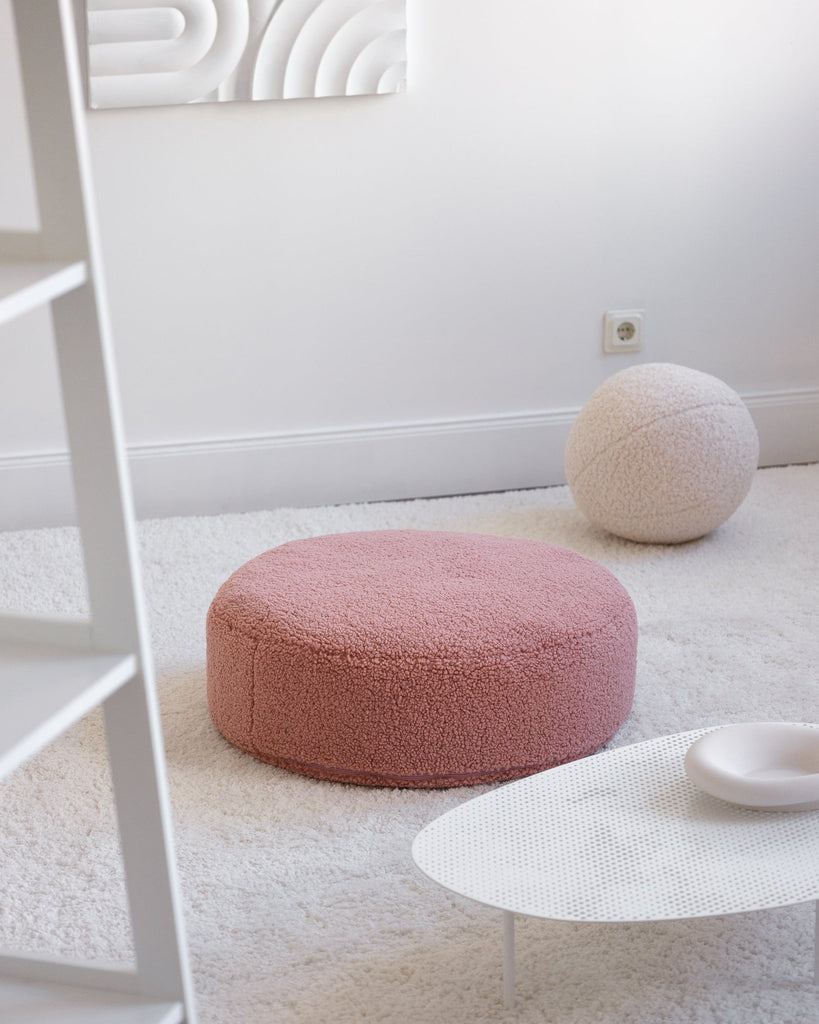Lage ronde poef | Ø 65 cm | Roze teddystof