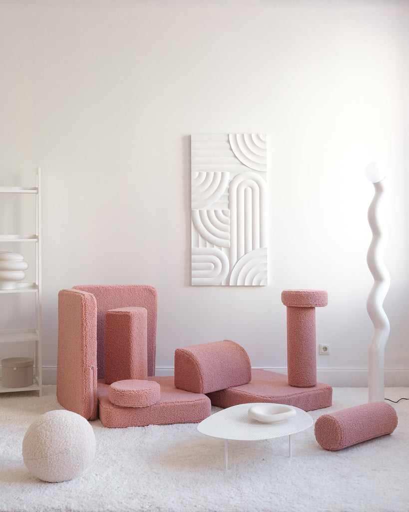Kinder loungebank & speelset | 9-delig | Roze teddystof