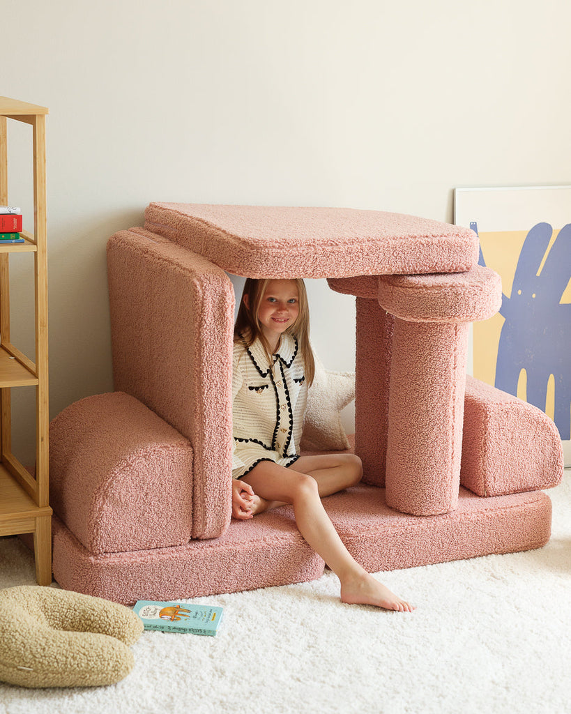 Kinder loungebank & speelset | 9-delig | Roze teddystof