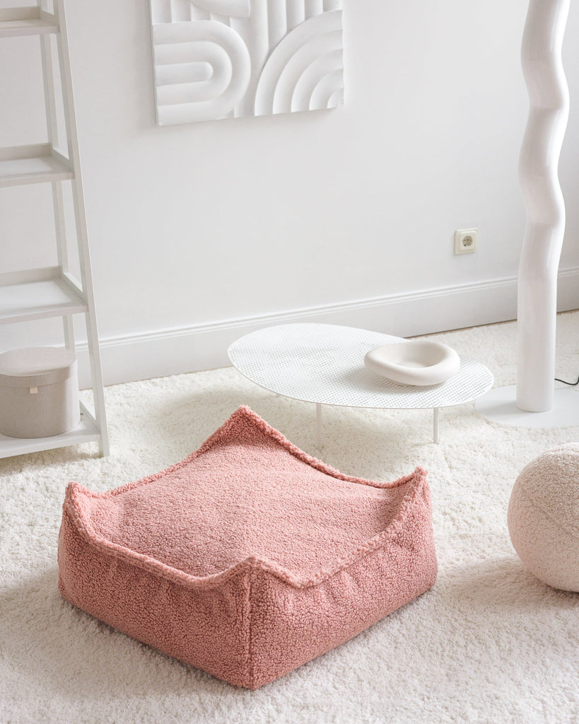 Vierkante poef | Roze teddystof