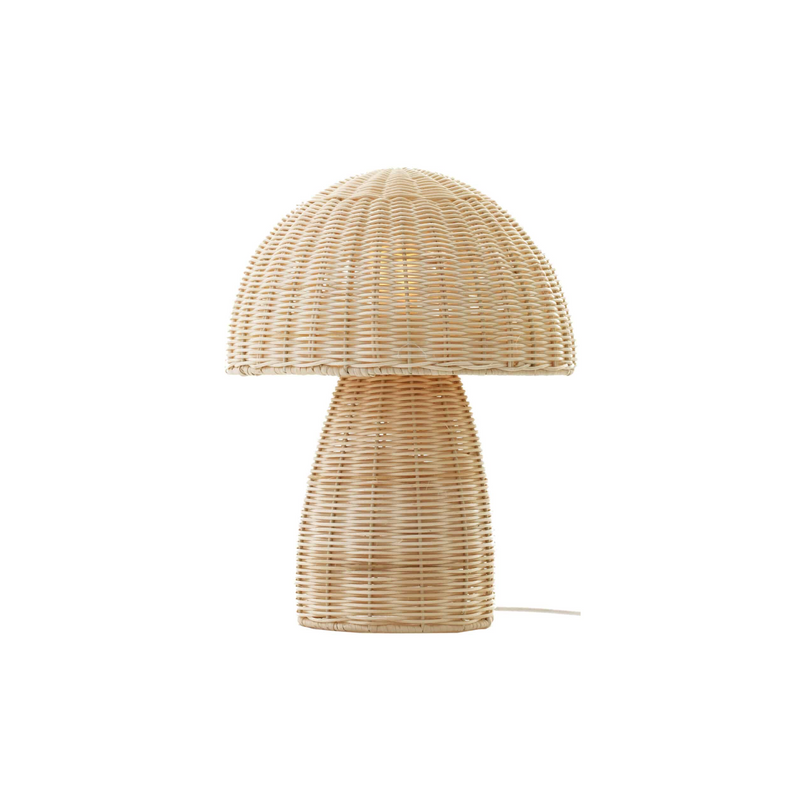 Naturel tafellamp van gevlochten rotan, in de vorm van een paddenstoel. Leuk in de kinderkamer, maar ook op elke andere plek die wel een glimlach kan gebruiken. Met E27 fitting.