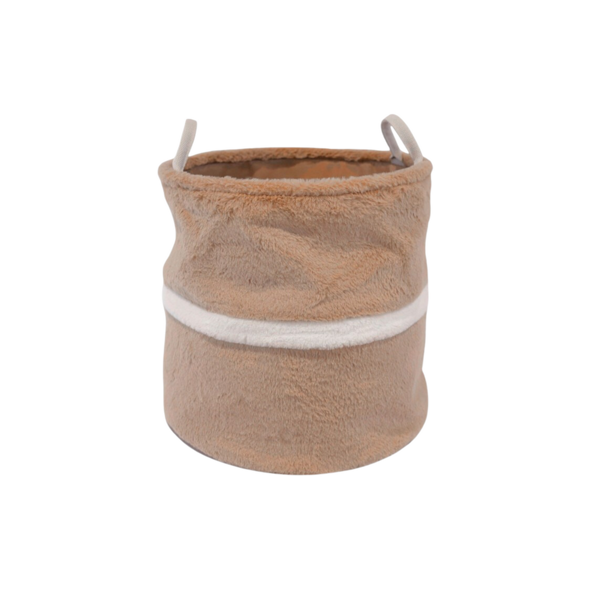 Heerlijk fluffy decoratie voor in de kinderkamer, deze opbergmand van zachte bruine teddy met een offwhite rand. Ca 38 cm hoog en breed.