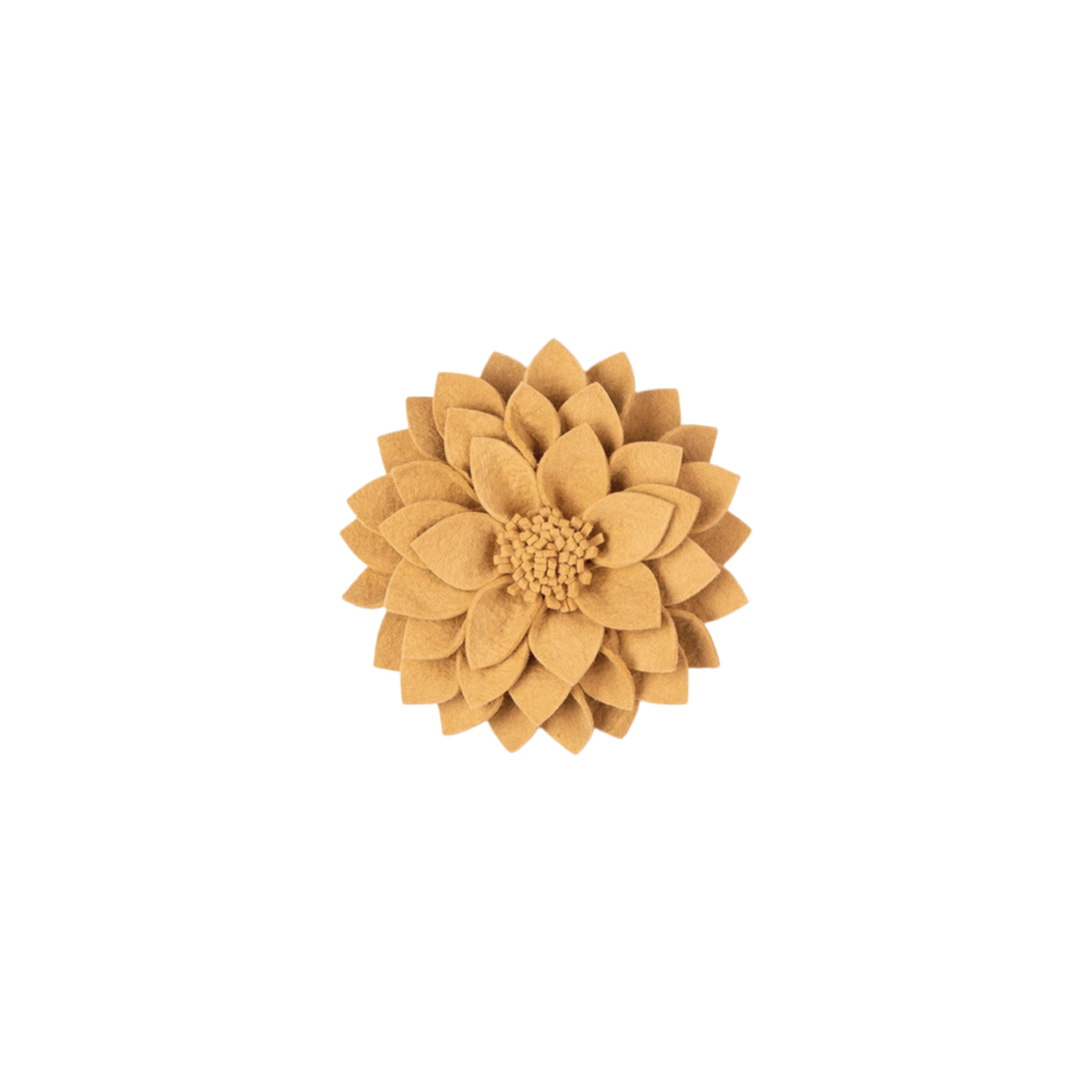 Vilten bloem van KidsDepot, de officële kleur is oker. Ca 30 centimter in doorsnee en een zonnige eyecatcher aan de wand van de babykamer, kinderkamer of gewoon voor jezelf in je woonkamer of slaapkamer.