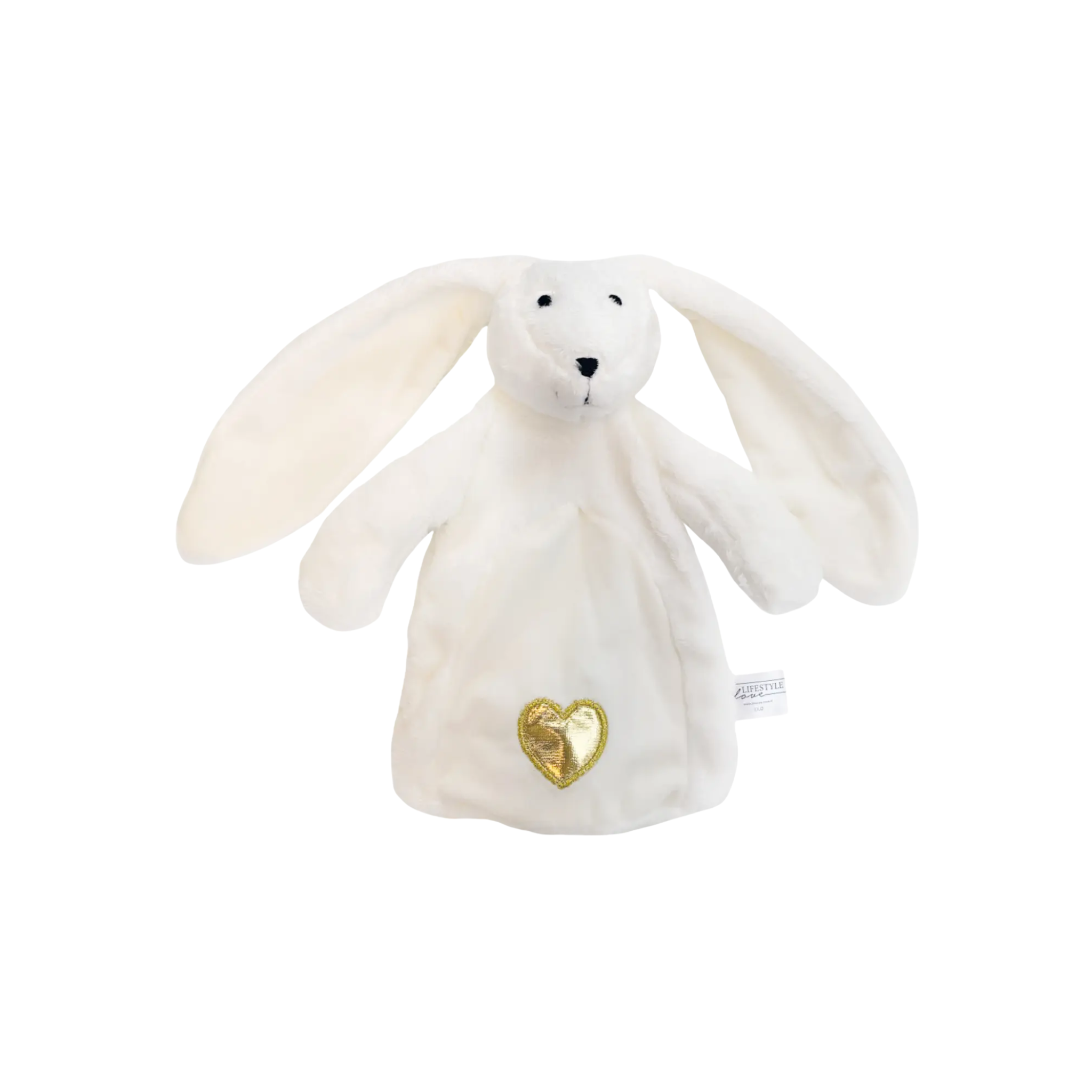 Wit knuffelkonijn van zachte velours, met lekker grote oren die een baby goed kan vastpakken. Op het lijfje een gouden hartje.