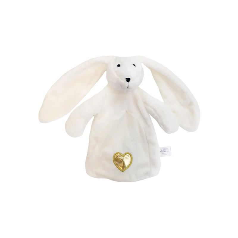 Wit knuffelkonijn van zachte velours, met lekker grote oren die een baby goed kan vastpakken. Op het lijfje een gouden hartje.