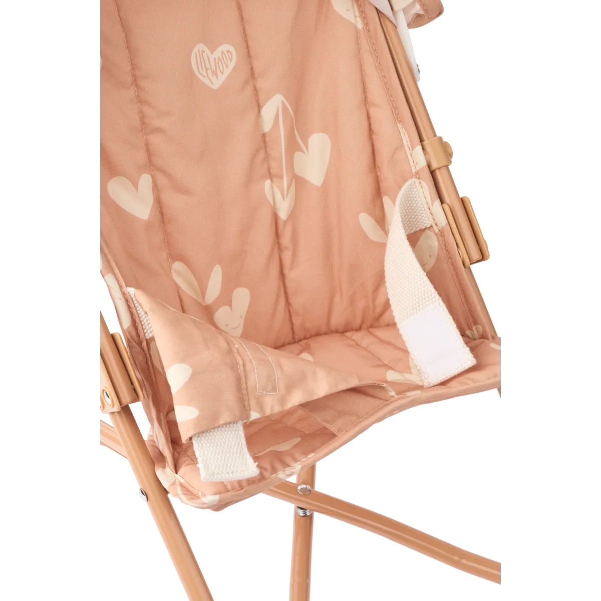 Close-up van de zitting van de Liewood poppenbuggy, in de kleur Sweethearts & Pale Tuscany.