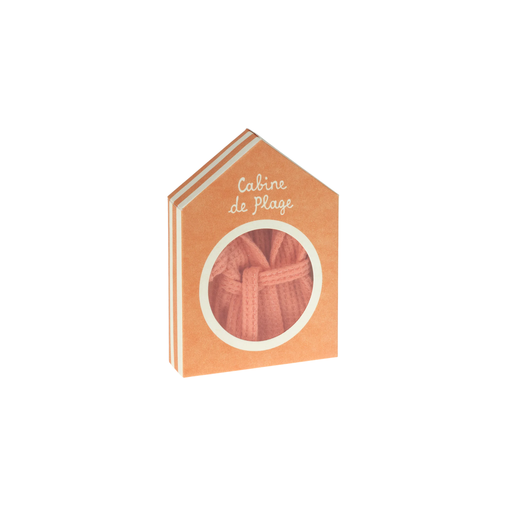 Doosje in de vorm van een strandhuisje, waarin het roze badjasje geleverd wordt.
