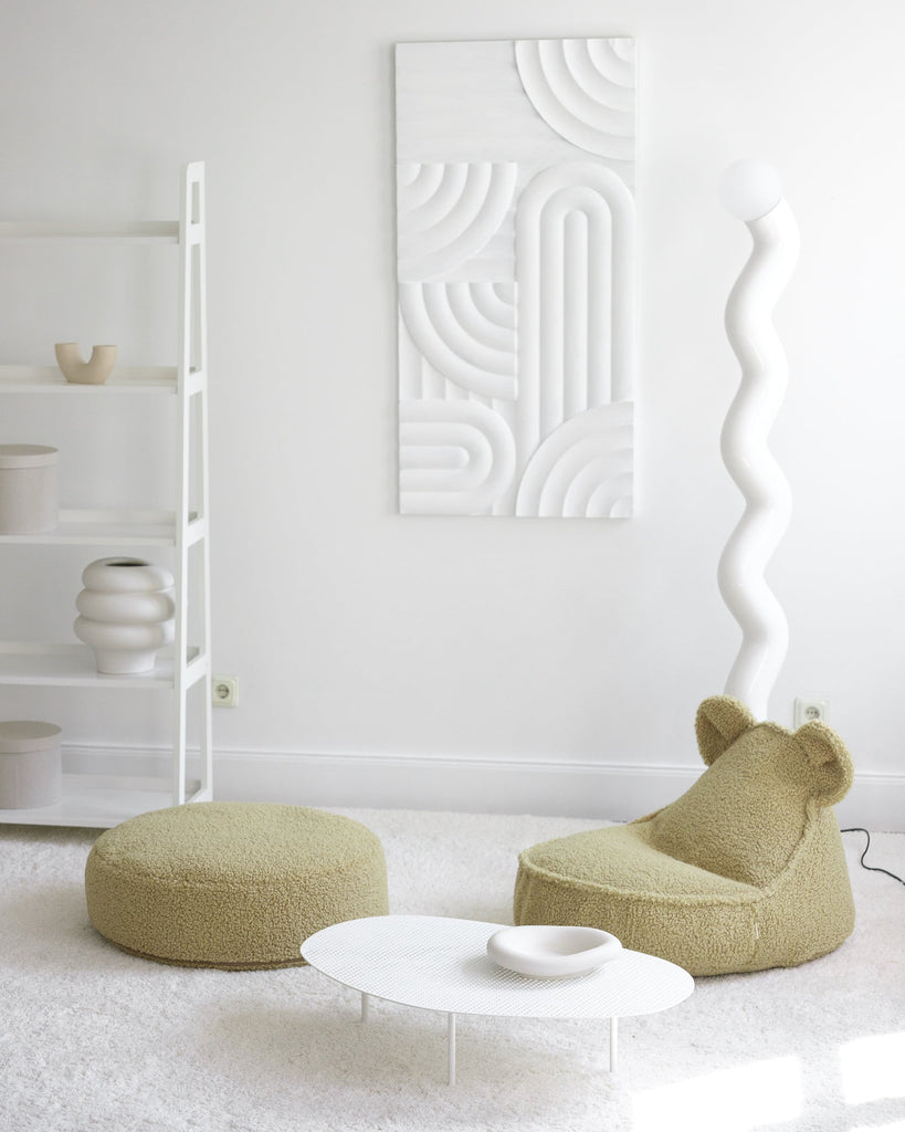 Lage ronde poef | Lichtgroene teddystof
