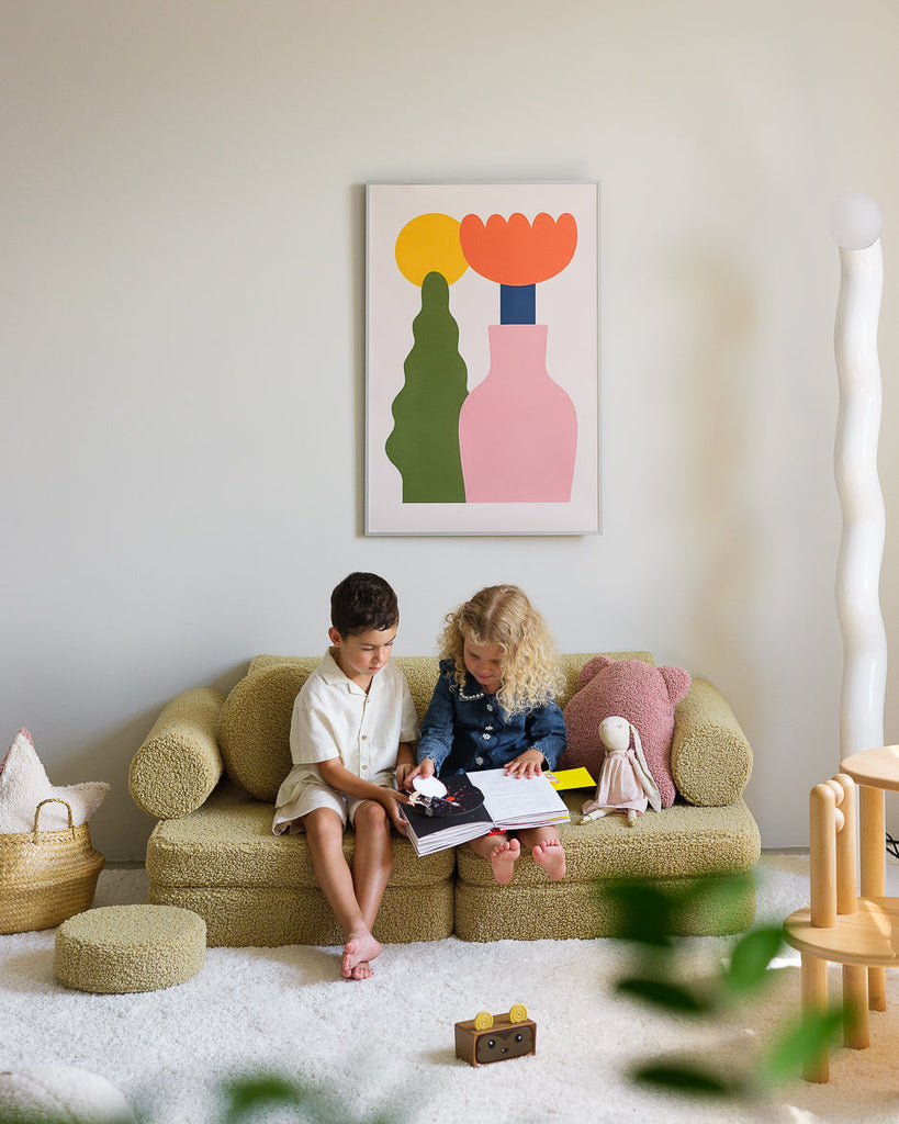 Kinder loungebank & speelset | 9-delig | Lichtgroene teddystof