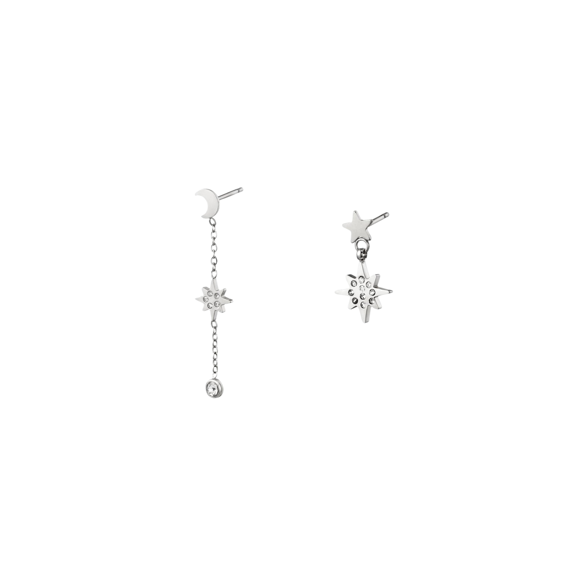 Asymmetrische oorbellen | Moon & star | Zilver