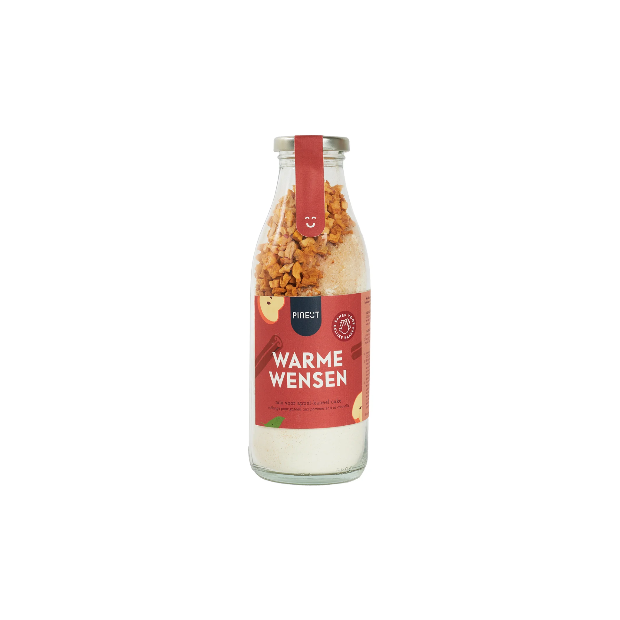 Glazen fles met (bijna) alles wat je nodig hebt voor het maken van een heerlijke appel-kaneelcake. Ook heel geschikt als kado.