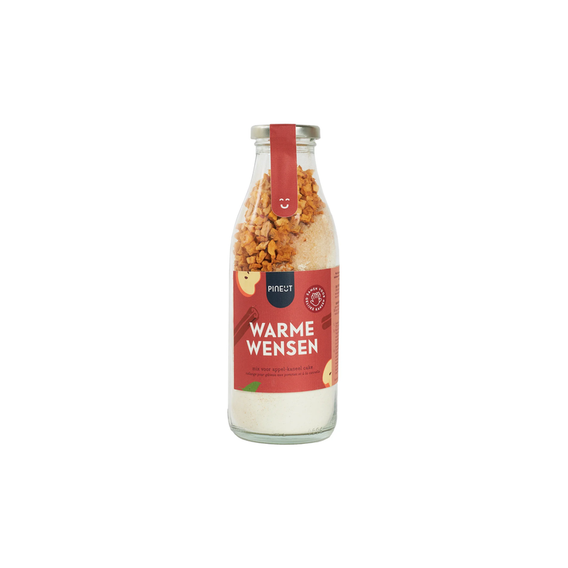 Glazen fles met (bijna) alles wat je nodig hebt voor het maken van een heerlijke appel-kaneelcake. Ook heel geschikt als kado.
