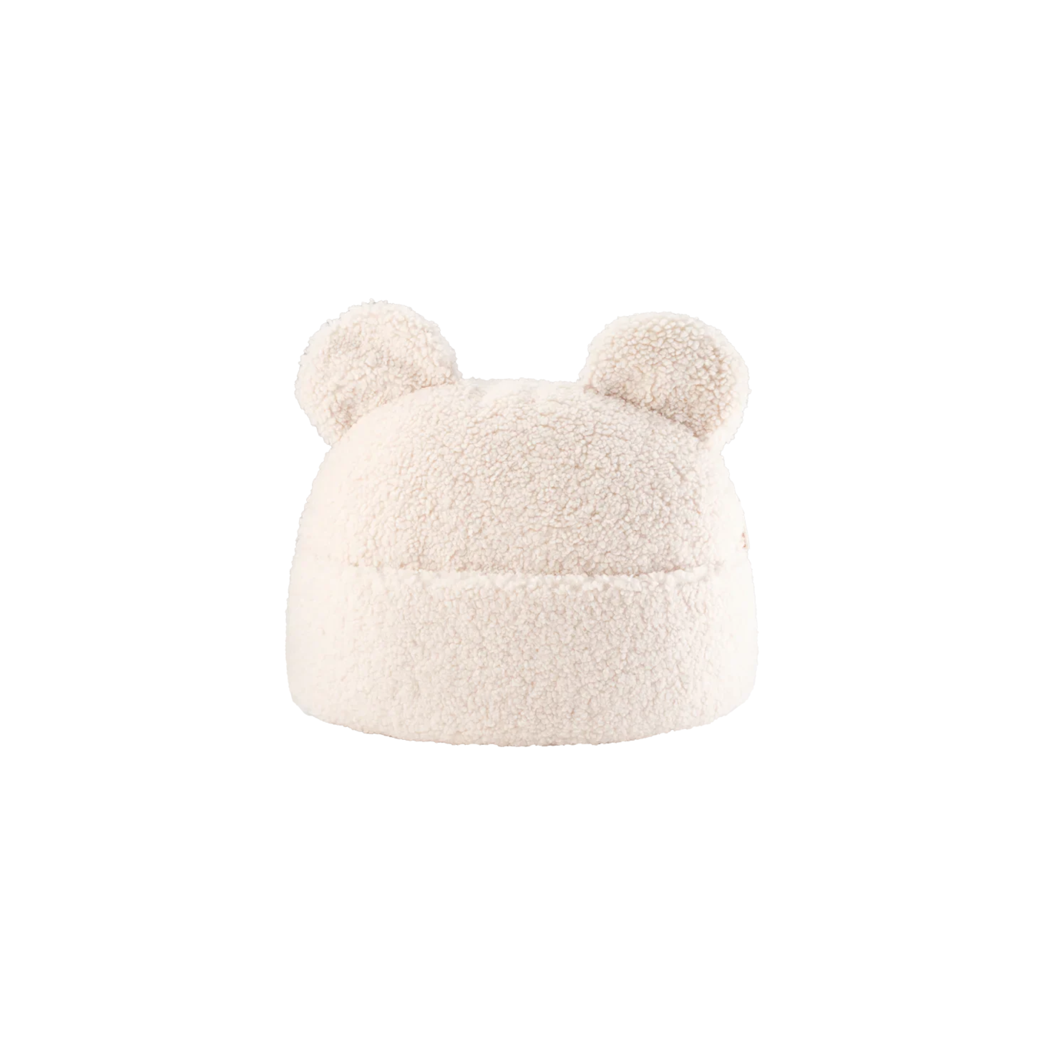 Studio-opname van het Wigiwama teddy sierkussen in de kleur cream – een neutrale, elegante offwhite tint met schattige berenoortjes en een handig vakje voor spulletjes of knuffels.