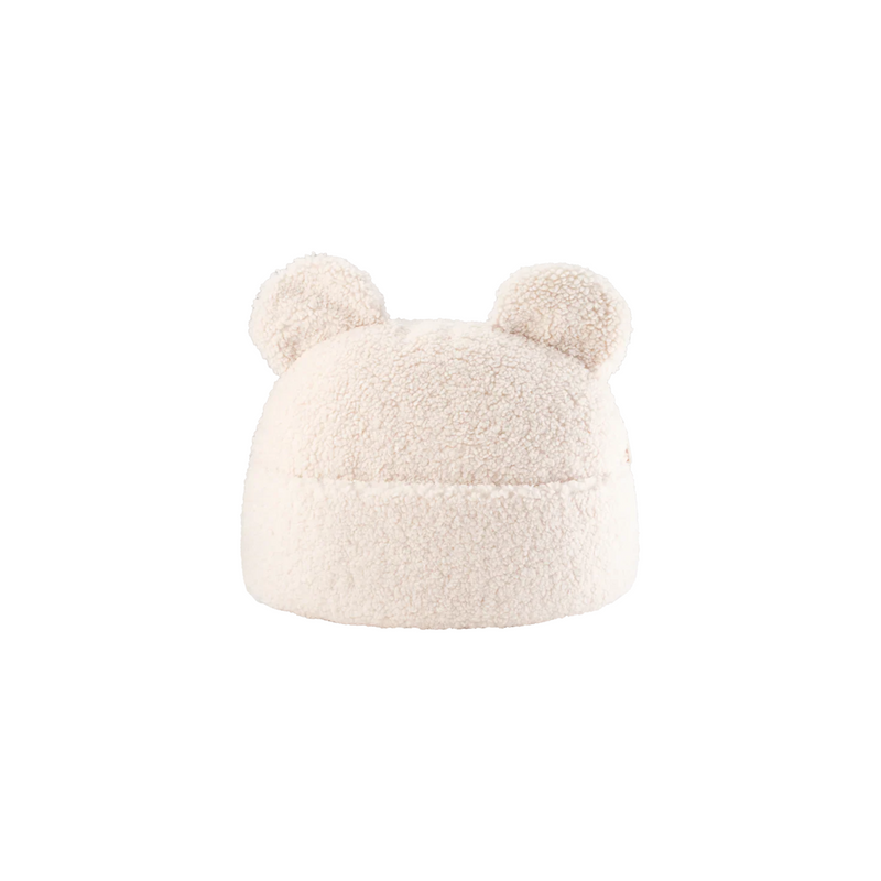 Studio-opname van het Wigiwama teddy sierkussen in de kleur cream – een neutrale, elegante offwhite tint met schattige berenoortjes en een handig vakje voor spulletjes of knuffels.