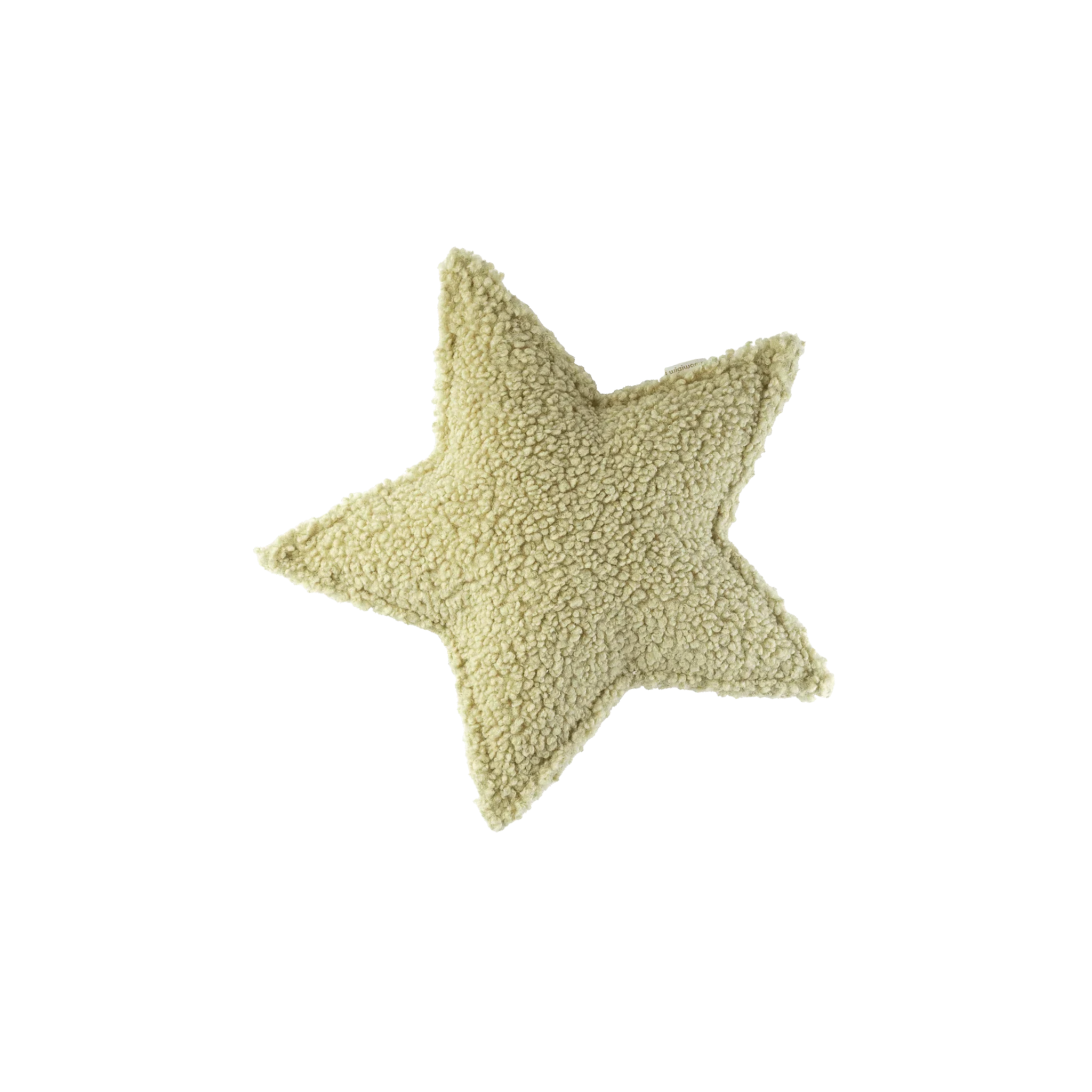 Productfoto van het Wigiwama stervormige sierkussen in matcha – een neutrale lichtgroene kleur – gemaakt van OEKO-TEX® gecertificeerde teddy stof, perfect voor bed, stoel of speelhoek.
