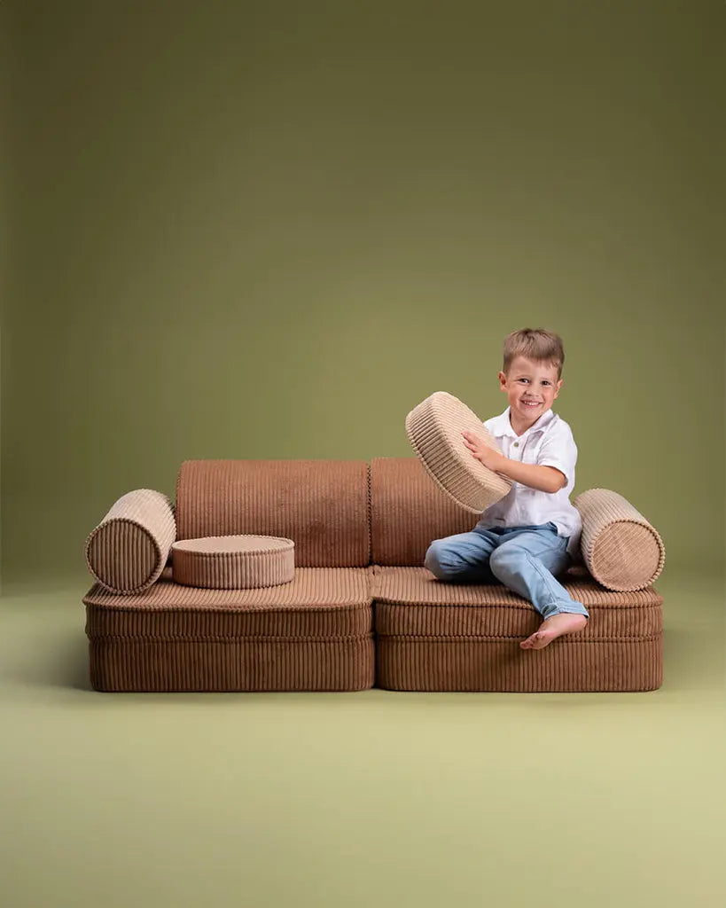 Modulaire kinderbank & speelset | 9-delig | Bruine & beige ribstof