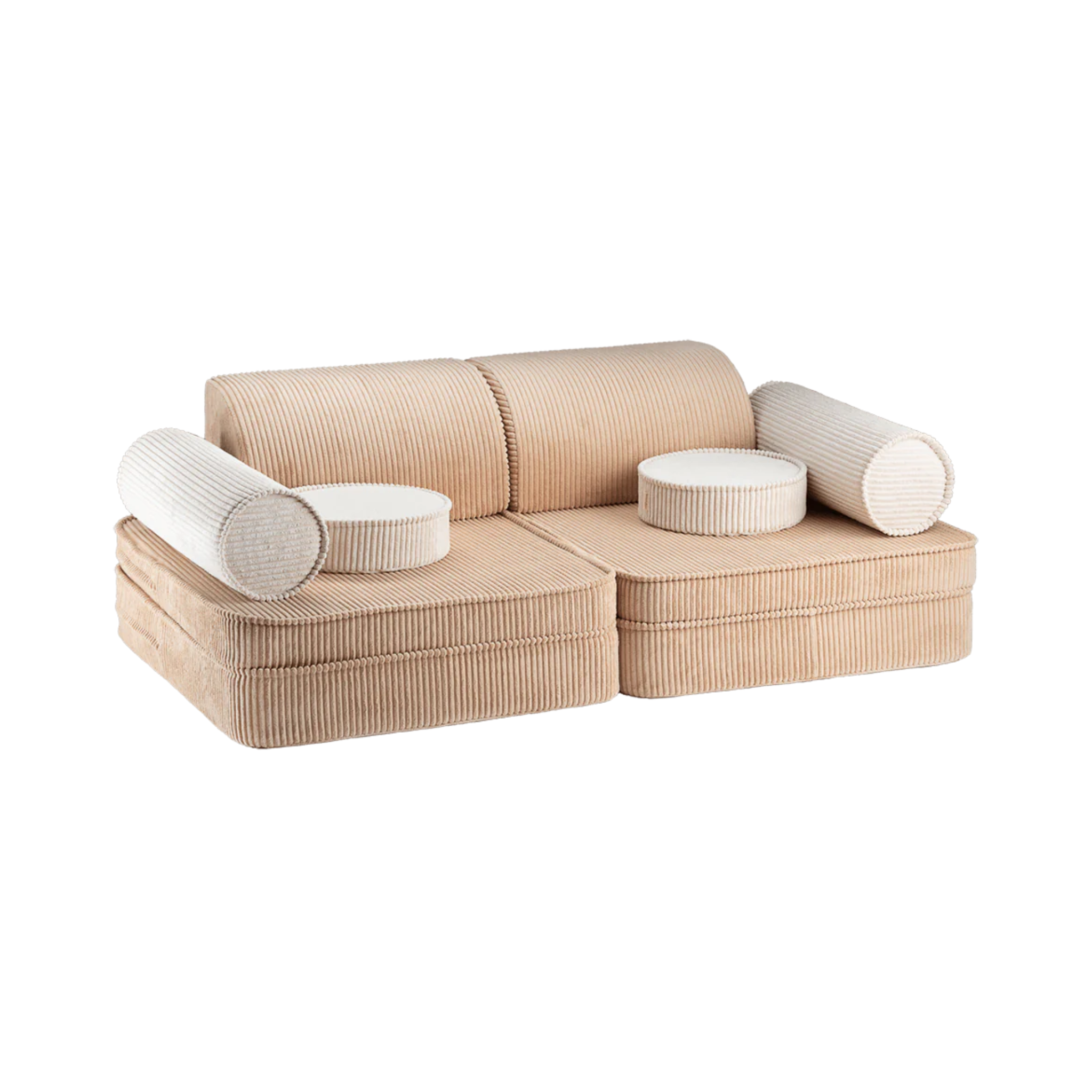 Beige kinderbank met creme rolkussens en ronde kussens. Modulair dus ook om op allerlei andere manieren in elkaar te zetten en mee te spelen
