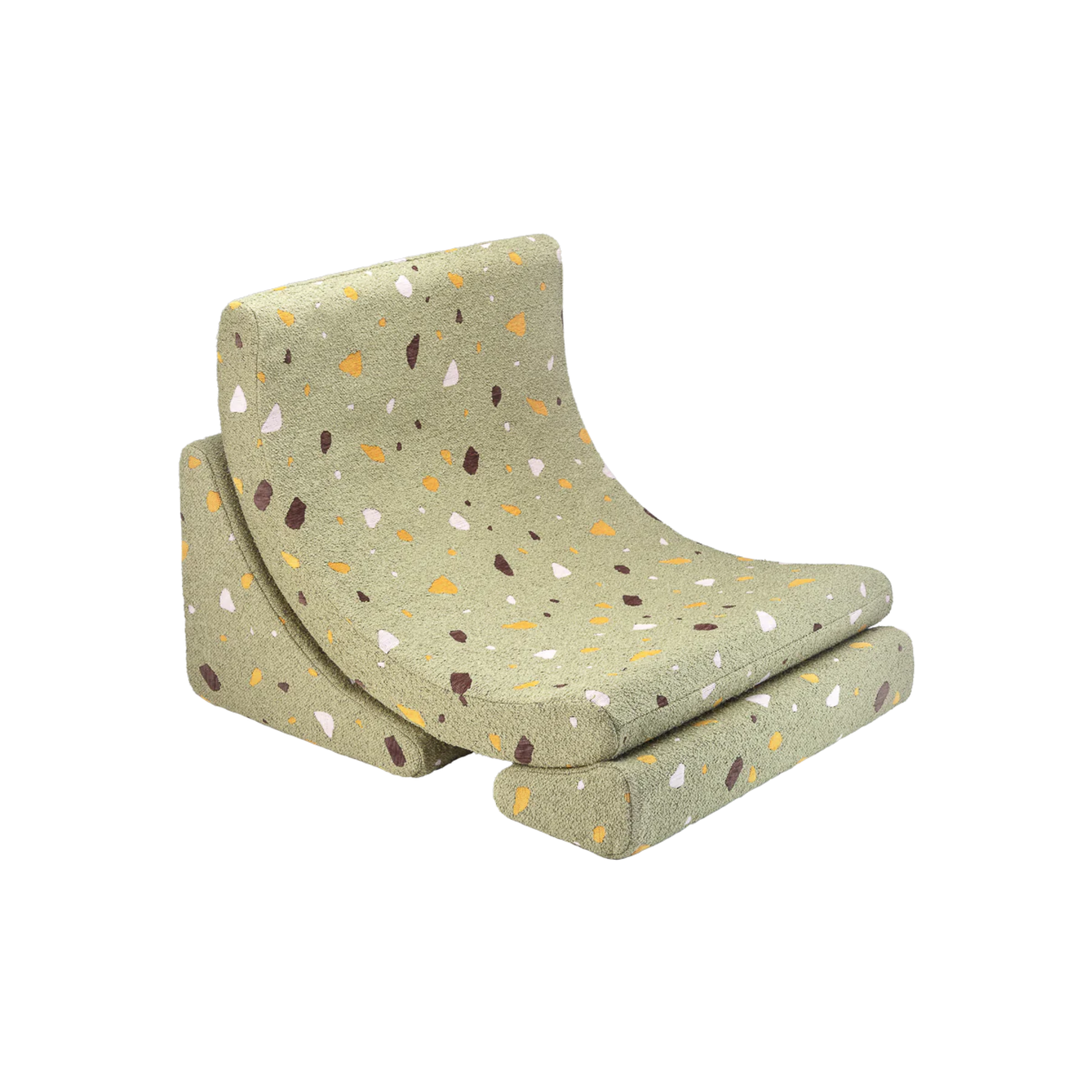 Loungestoel in 3 delen die je ook los van elkaar kunt gebruiken om mee te spelen en stapelen. Lichtgroen met gekleurde vlekjes. Geweldige stoel voor in de kinderkamer.