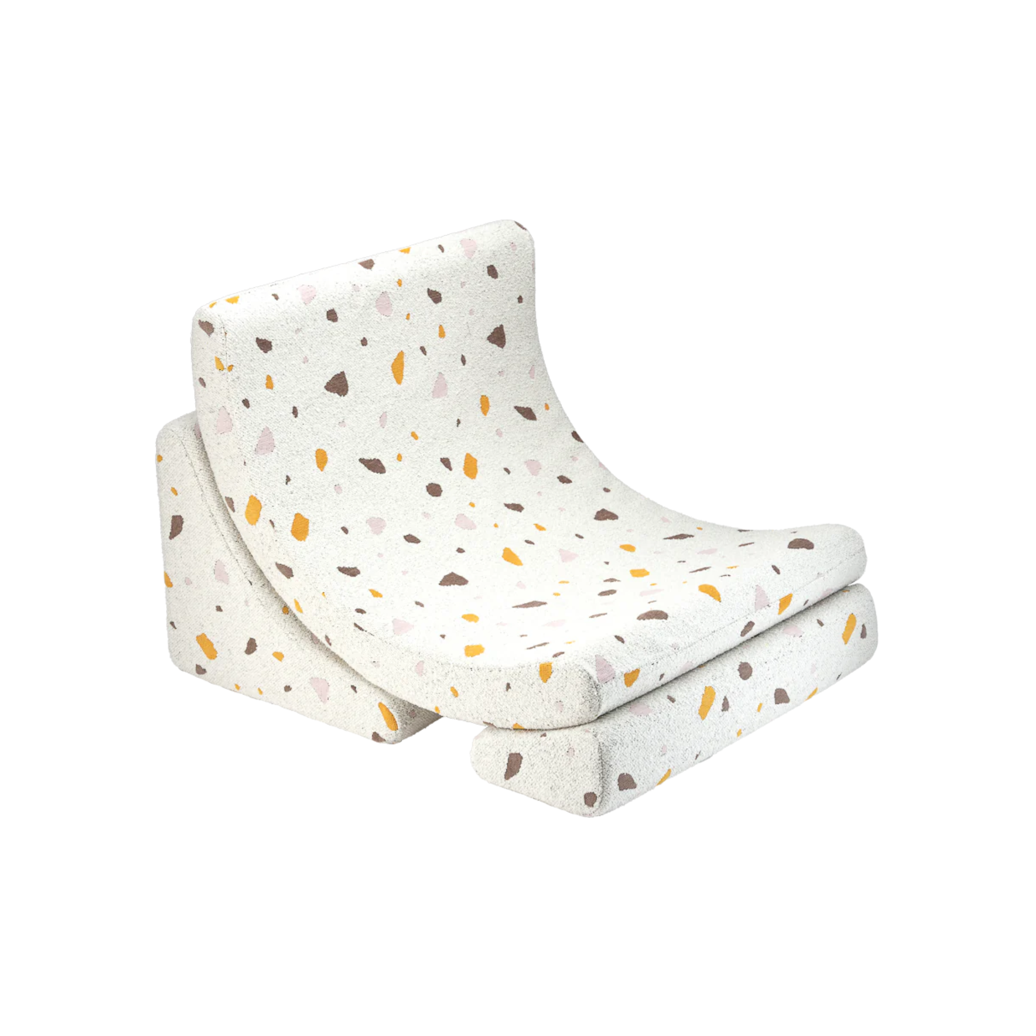 Loungestoel in 3 delen die je ook los van elkaar kunt gebruiken om mee te spelen en stapelen. Wit met gekleurde vlekjes. Geweldige stoel voor in de kinderkamer.